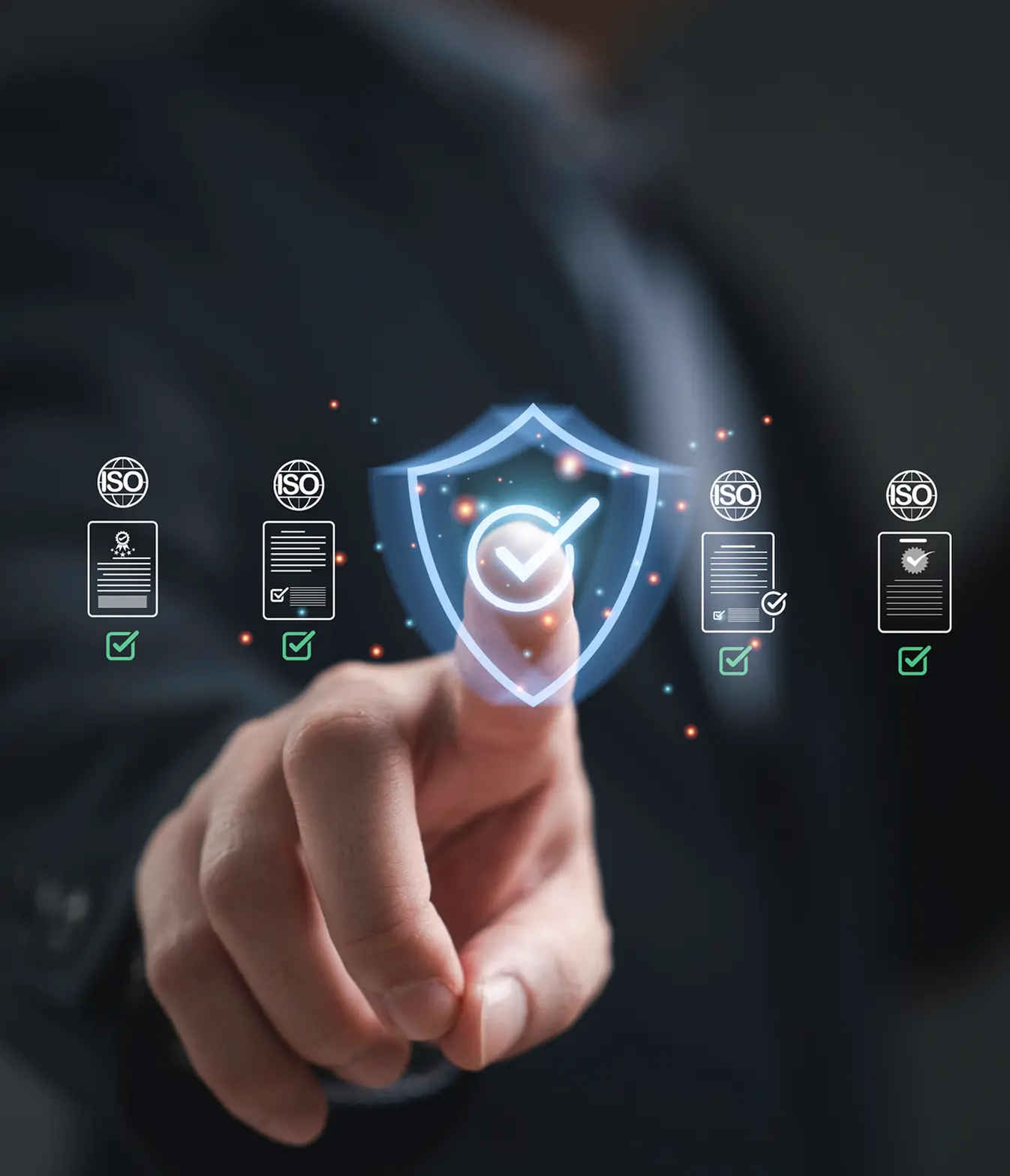 A man pointing his finger at a cybersecurity logo.